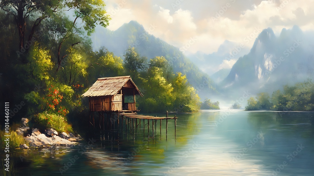 Obraz premium Secluded Cabin by Tranquil Lake with Mountain View.
