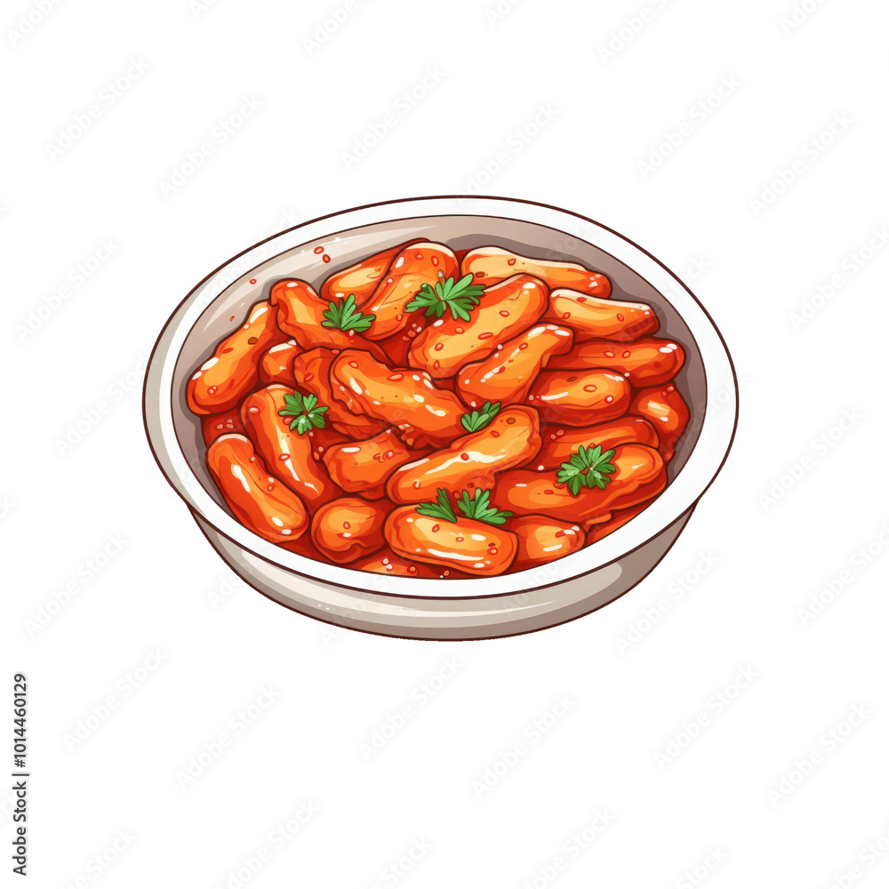 Korean street food, tteokbokki, orange, sesame, and parsley on a plate. Perfect for food bloggers, restaurants, and cultural publications. Generative AI