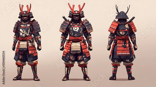 Illustration of a Samurai Warrior in Traditional Armor, Front, Side, and Back Views.