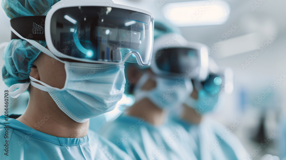 Team of surgeons wearing smart glasses in an operating room, utilizing augmented reality for enhanced precision in surgery. Team of surgeons wearing smart glasses in an operating room, utilizing augmented reality for enhanced precision in surgery.