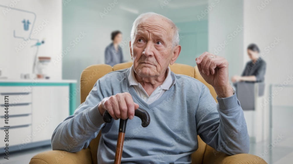 Obraz premium Elderly Man with Cane in a Medical Facility