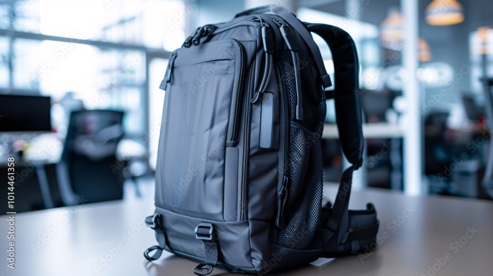 Fototapeta premium Sleek black backpack displayed in an office setting, highlighting its minimalist design and functionality for everyday use.