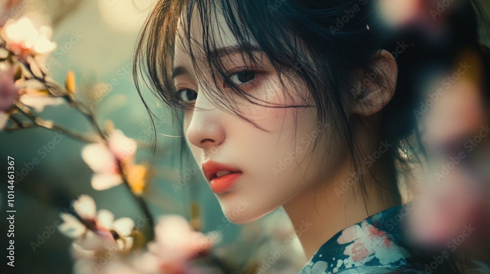 Naklejka premium Enigmatic Beauty Amidst Blossoms, a serene moment captured with soft light highlighting delicate features framed by blooming cherry blossoms, evoking tranquility and grace.