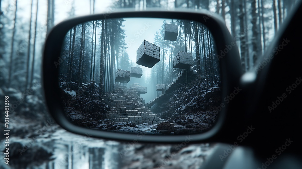 A car's rearview mirror reflects a surreal scene of floating cubes in a snowy forest. A car's rearview mirror reflects a surreal scene of floating cubes in a snowy forest.