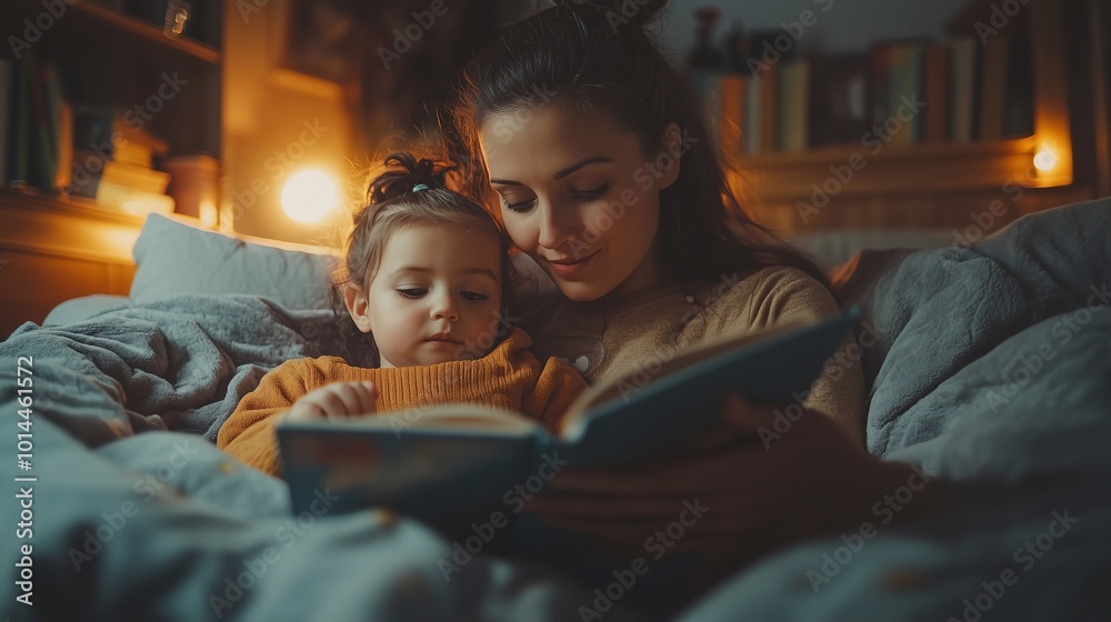 Mother reading a storybook to her child in bed, soft lighting, bedtime learning moment. Mother reading a storybook to her child in bed, soft lighting, bedtime learning moment.