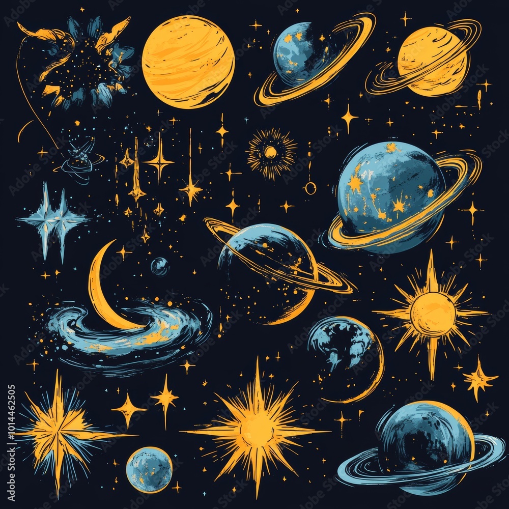 Hand Drawn Planets Stars and Galaxy Elements Space Exploration Illustration Hand Drawn Planets Stars and Galaxy Elements Space Exploration Illustration