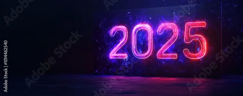 A vibrant and colorful display of the year "2025" illuminated against a dark background, symbolizing future celebrations or events.