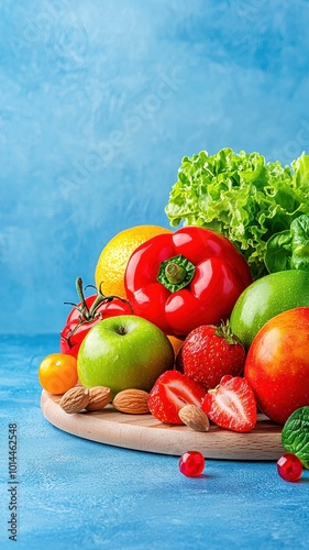 Assorted fresh fruits and vegetables on a wooden platter against a blue background