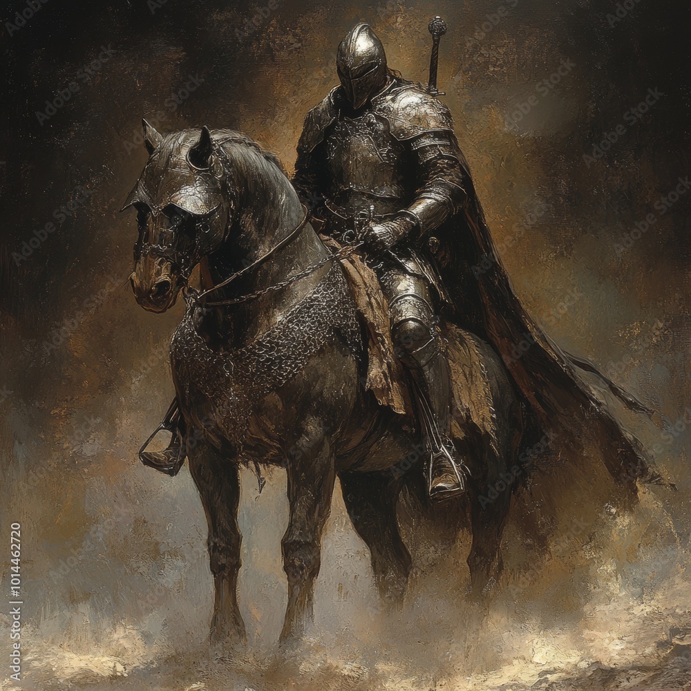 Medieval Knight on Horseback in Armor with Sword and Cape