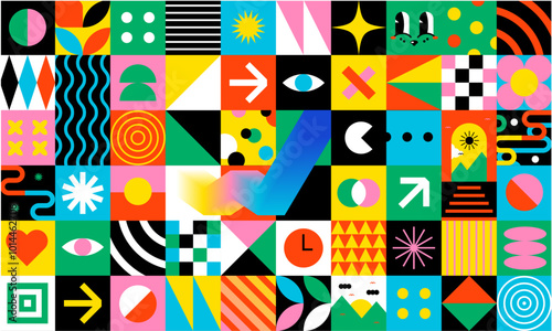 Geometric colorful mosaic seamless pattern illustration with creative abstract shapes. Modern bauhaus style background print. Trendy bright symbols and minimalist shape texture, geometry collage.
