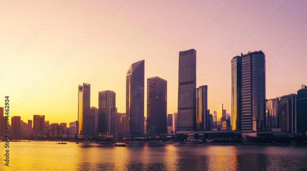 Modern City Skyline at Sunset with River and Boats Modern City Skyline at Sunset with River and Boats