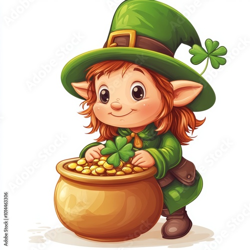 Cute Leprechaun Holding Pot of Gold for St  Patrick s Day photo