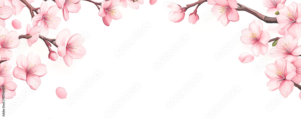 Beautiful cherry blossom branches frame a white background, creating a serene and elegant aesthetic. Beautiful cherry blossom branches frame a white background, creating a serene and elegant aesthetic.