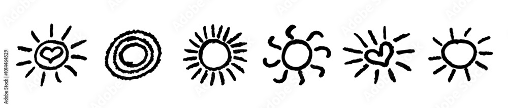 Set of fun like kid drawing black sun. Collection painted with pastel crayons or wax pencil sunny icons. Summer sky symbols. Rough chalk texture vector illustration in children style. Design elements. Set of fun like kid drawing black sun. Collection painted with pastel crayons or wax pencil sunny icons. Summer sky symbols. Rough chalk texture vector illustration in children style. Design elements.