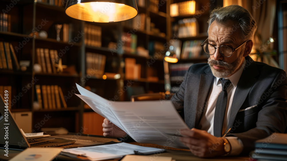 Fototapeta premium A lawyer in a modern office, meticulously reviewing business contracts, surrounded by legal processing books and financial documents.