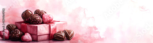 Delicious assorted chocolate candies in a pink gift box on a soft pink watercolor background.