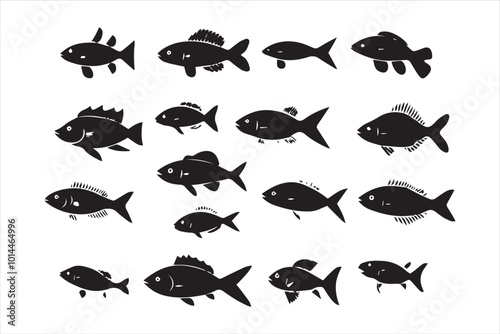 Swimming fish in black and white silhouette collection set