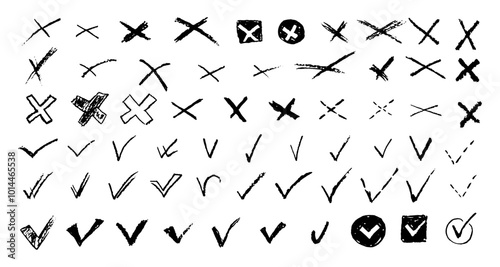 Set of ticks and crosses for to do list or vote. Vector elements for yes or no answering test questions. Back charcoal pencil correct or incorrect symbols. Doodle check marks and crosses collection