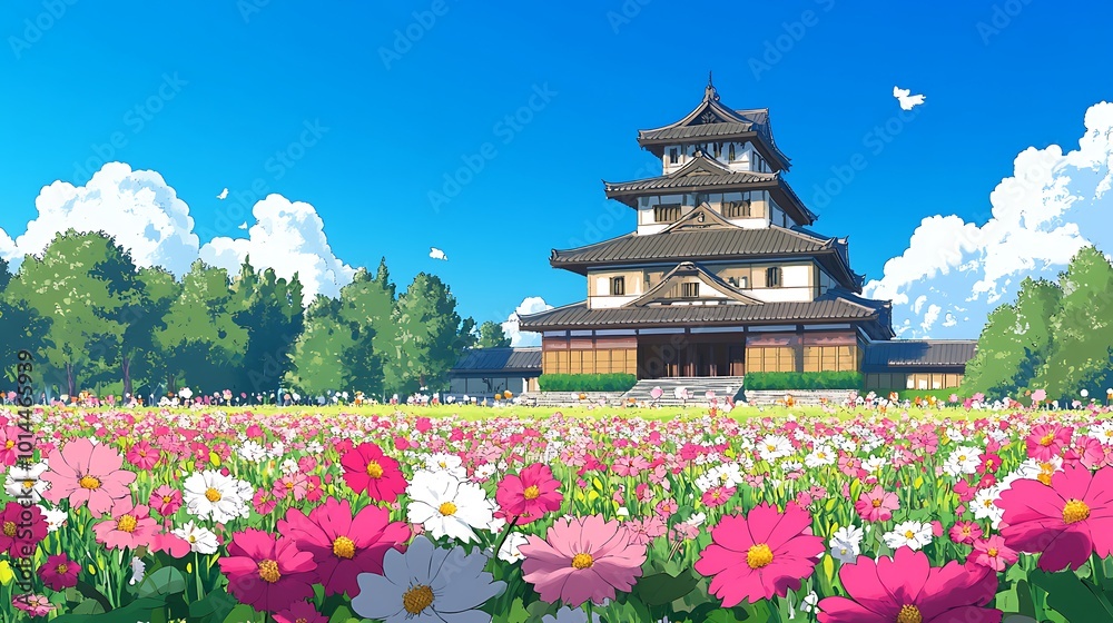 Traditional Japanese Castle with Blooming Flowers. Traditional Japanese Castle with Blooming Flowers.