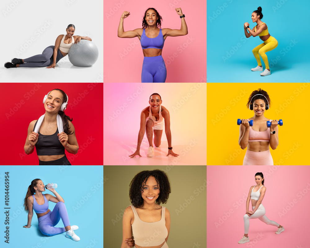 A collage showcases several women participating in different workout routines, including weightlifting, yoga, and jogging, set against colorful backgrounds to inspire an active lifestyle. A collage showcases several women participating in different workout routines, including weightlifting, yoga, and jogging, set against colorful backgrounds to inspire an active lifestyle.