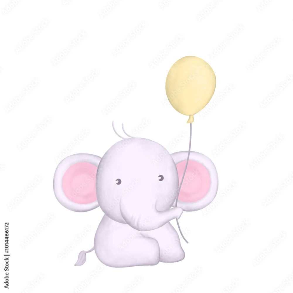 Naklejka premium cute baby elephant sitting and holding a yellow balloon