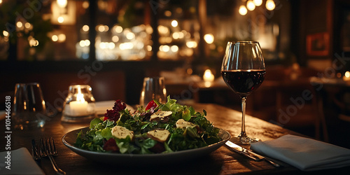 Gourmet Salad and Red Wine in Cozy Restaurant