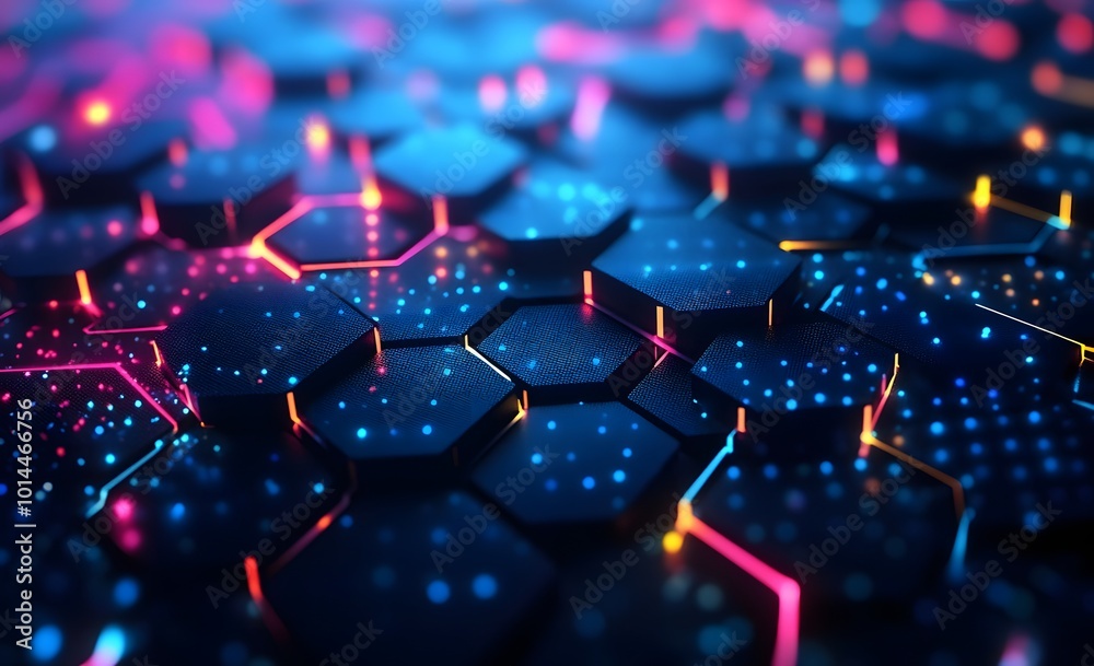 Fototapeta premium Futuristic Neon Hexagonal Pattern with Glowing Digital Lights