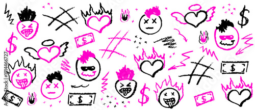 Black and acid pink wax crayon drawing grafitti elements. Marker drawing retro rock elements. Vector charcoal outline symbols cute heart, mohawk hairs, mouth stick out tongue on the paper wall.