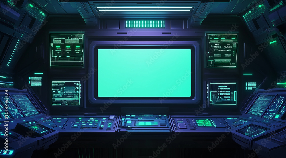 Futuristic UI with blank center screen on dark background, digital interface concept.
