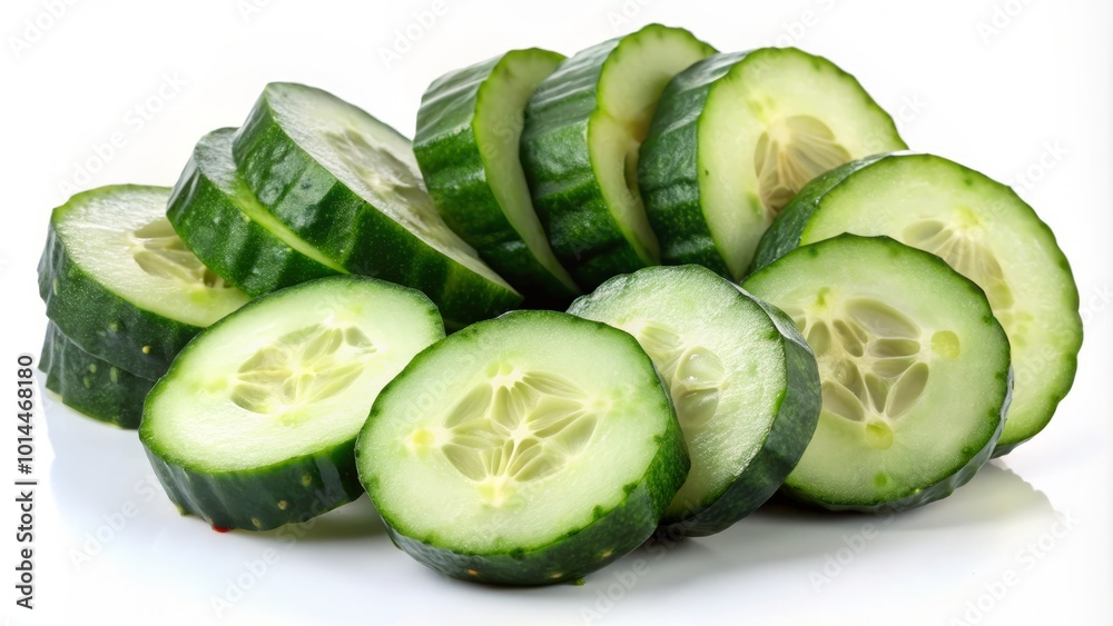Vibrant slices of cucumber isolated on a clean white background, perfect for inspiring healthy eating and creating Vibrant slices of cucumber isolated on a clean white background, perfect for inspiring healthy eating and creating