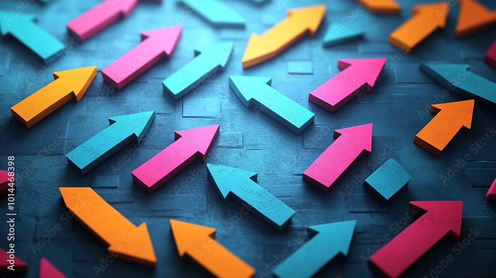Bright arrows in different directions against a blue background, representing the synergy of marketing and e-commerce expansion. Bright arrows in different directions against a blue background, representing the synergy of marketing and e-commerce expansion.