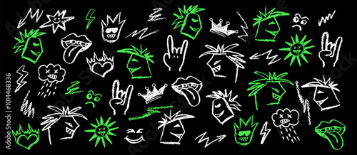 Grunge rock set on blackboard of acid green elements. Wax pencil drawing mouth with tongue hanging out, white charcoal stroke cartoon cloud in the style and goat gesture. Vector rock symbols. photo