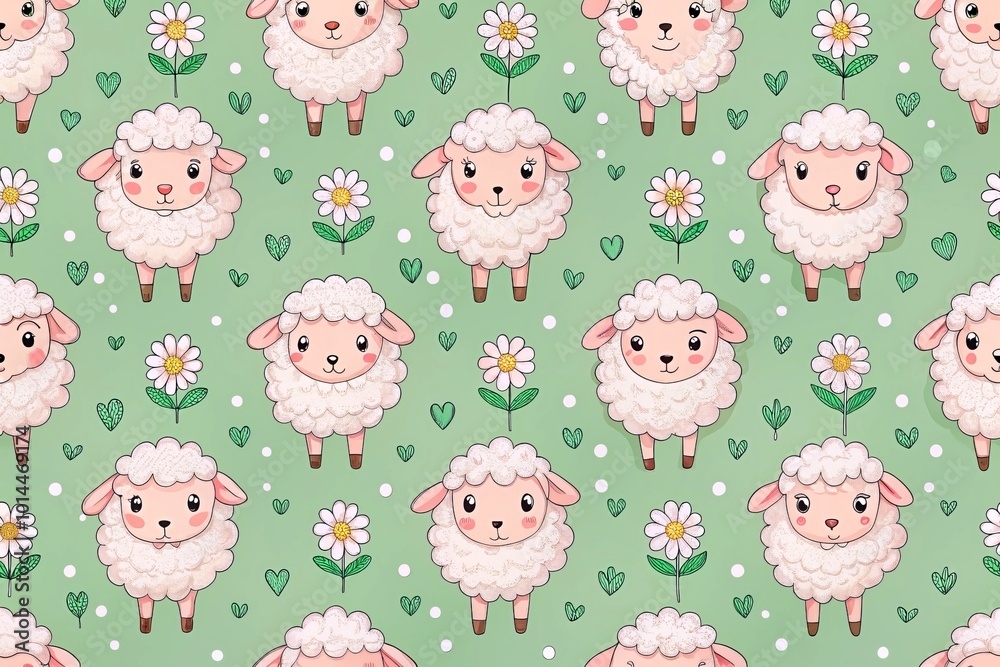 Fototapeta premium Whimsical sheep illustrated on a pink pastel backdrop, complemented by white blooms and vibrant green kawaii hearts,