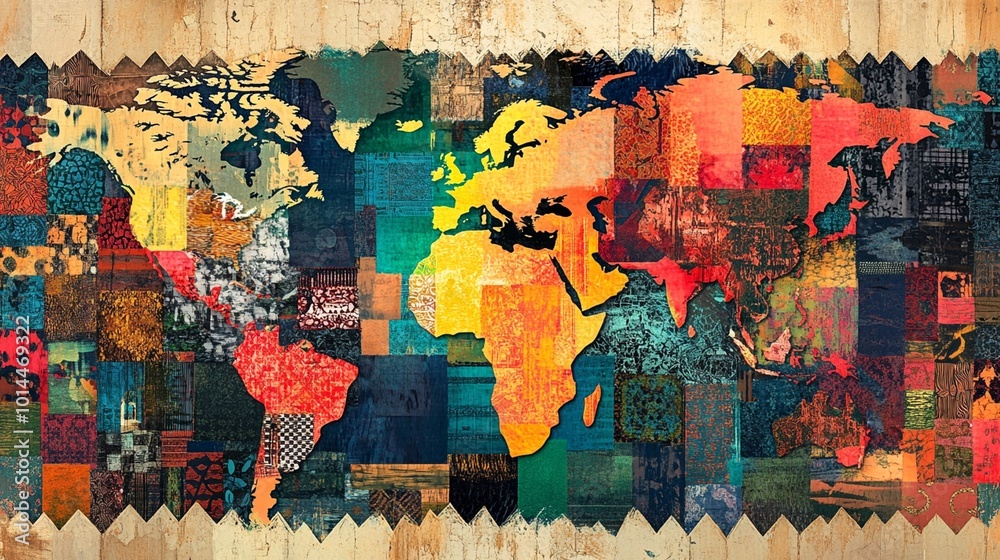 Fototapeta premium Colorful abstract image of Earth, featuring geometric shapes and diverse textures symbolizing different continents.