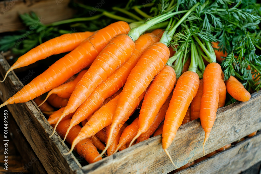 A wooden crate filled with fresh, vibrant orange carrots, showcasing their natural beauty and farm-fresh appeal. A wooden crate filled with fresh, vibrant orange carrots, showcasing their natural beauty and farm-fresh appeal.