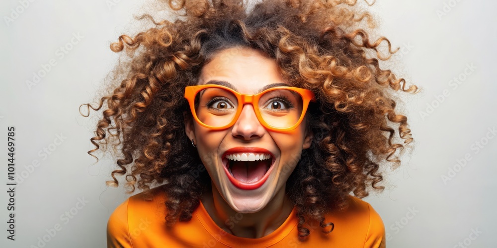 With curly hair and bright orange glasses, a joyful woman beams with surprise and happiness, her energy lively With curly hair and bright orange glasses, a joyful woman beams with surprise and happiness, her energy lively