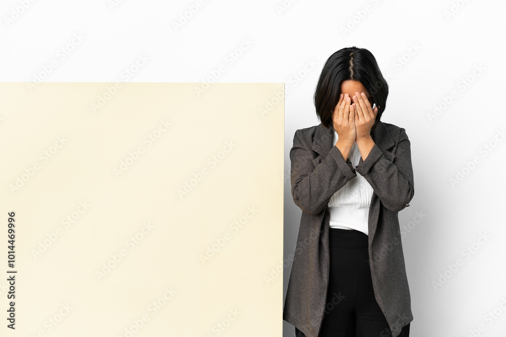 Young business mixed race woman with with a big banner over isolated background with tired and sick expression Young business mixed race woman with with a big banner over isolated background with tired and sick expression
