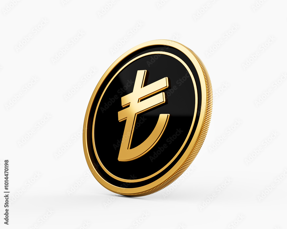 Obraz premium Shiny Golden And Black Rounded Turkish Lira Coin Isolated On White Background 3d Illustration