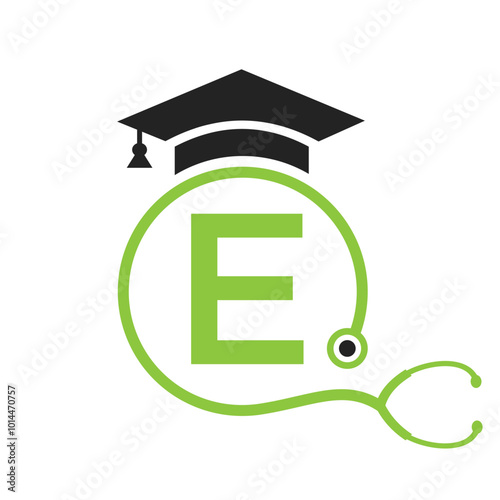Medical Logo On Letter E with Stethoscope Icon. Doctor Symbol and Healthcare Logotype