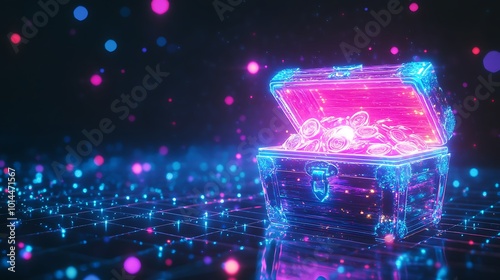 A glowing digital treasure chest filled with glowing digital coins on a grid background.