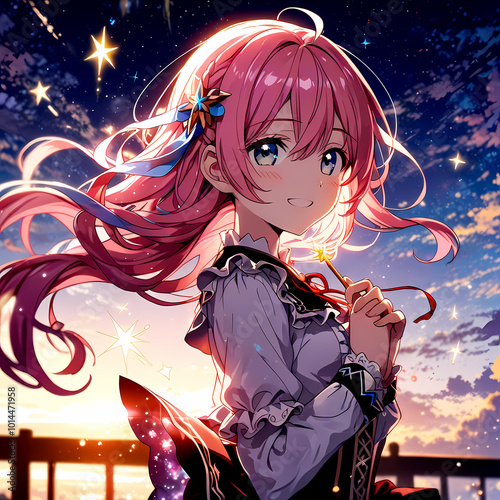 Cheerful Anime Character with Flowing Pink Hair, Glittering Outfit, Magical Staff, Dynamic Pose. 