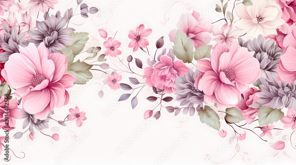 Fototapeta premium Elegant watercolor floral illustration with pink, white, and purple blossoms.