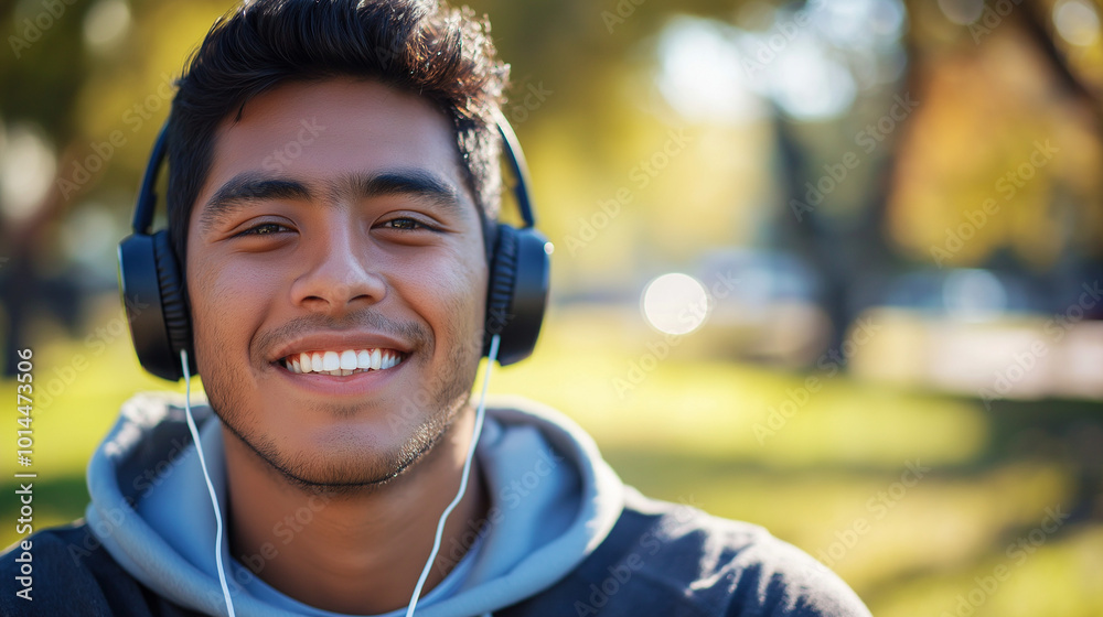 Close-Up of a Hispanic Man Smiling While Listening to Music with Headphones in the Park, Focusing on His Relaxed and Joyful Expression Close-Up of a Hispanic Man Smiling While Listening to Music with Headphones in the Park, Focusing on His Relaxed and Joyful Expression