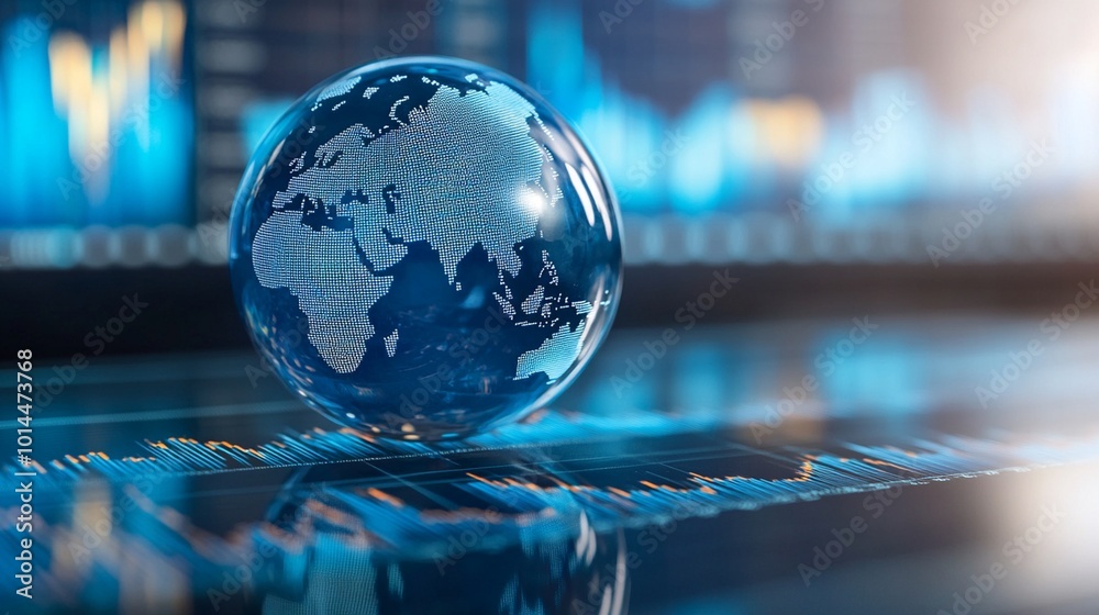 A globe viewed through a glass stock chart, featuring financial data and a gray line graph on a blue background. A globe viewed through a glass stock chart, featuring financial data and a gray line graph on a blue background.