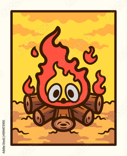Campfire Character with Cute Eyes Surrounded by Logs and Bright Flames - Perfect for Outdoor Adventures and Cozy Gatherings in Vector Art Cartoon