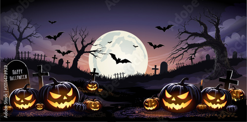 Happy Halloween Text Banner. Halloween haunted old house and cemetery silhouette landscape. Happy Halloween scary background or banner,creepy vector backdrop with fool moon and flying bats.