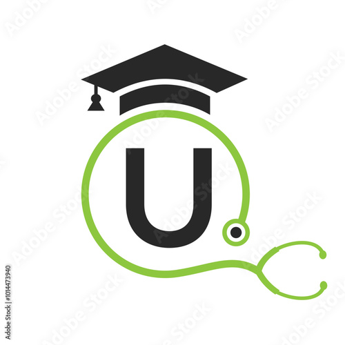 Medical Logo On Letter U with Stethoscope Icon. Doctor Symbol and Healthcare Logotype