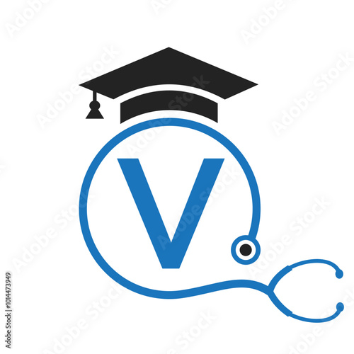 Medical Logo On Letter V with Stethoscope Icon. Doctor Symbol and Healthcare Logotype