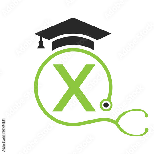 Medical Logo On Letter X with Stethoscope Icon. Doctor Symbol and Healthcare Logotype
