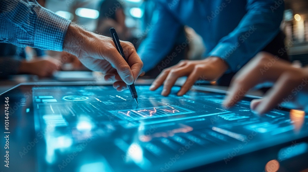 Hands engaged with a touchscreen table in an office, featuring individuals in blue shirts using tablets to draw lines. Hands engaged with a touchscreen table in an office, featuring individuals in blue shirts using tablets to draw lines.